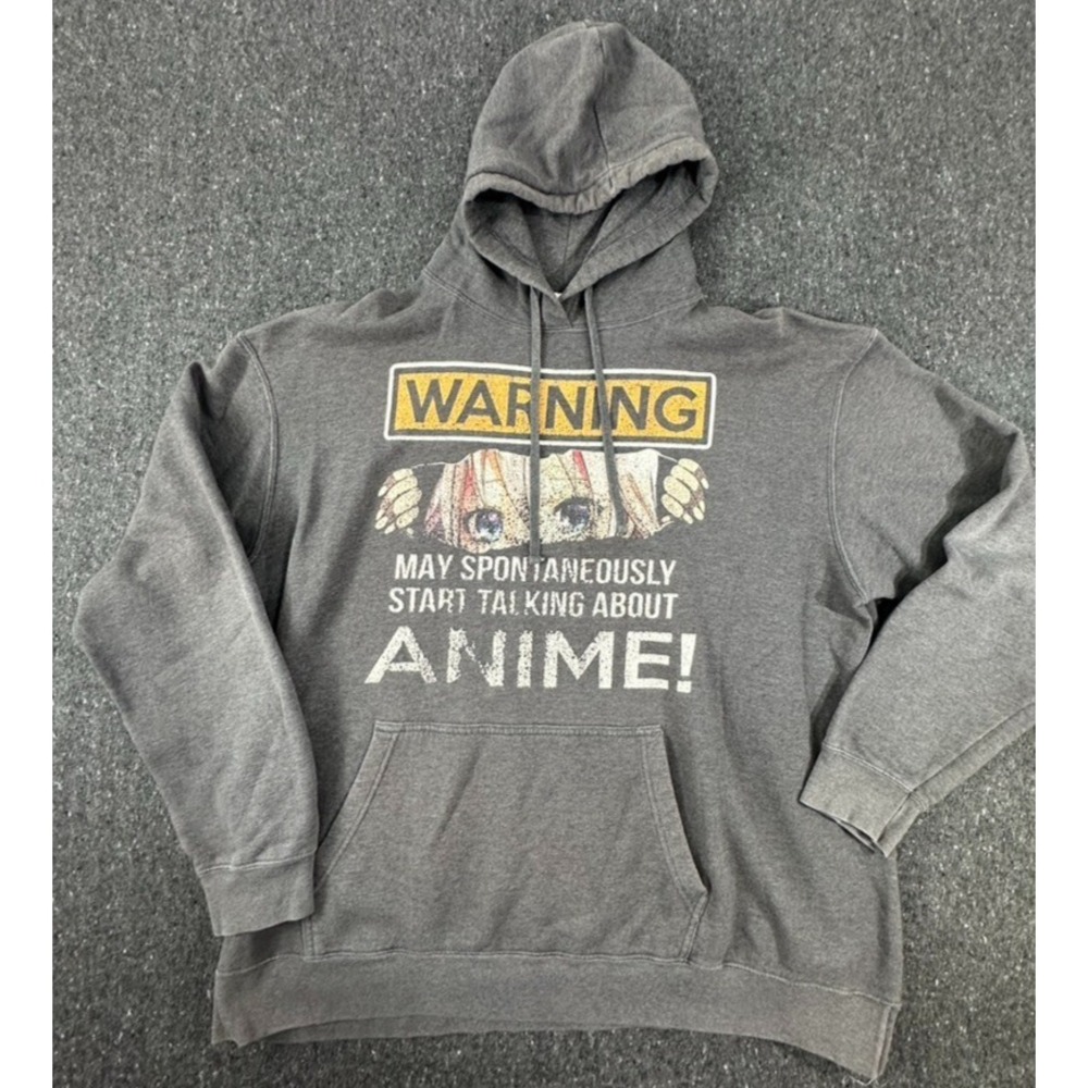 Anime Warning Graphic Hoodie Black Pullover Port Company Sweatshirt Mens 2XL - Picture 2 of 9